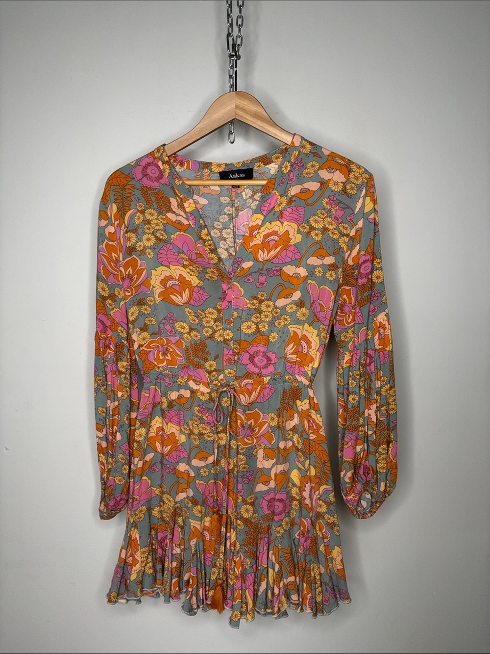Aakaa Boutique Bohemian Multicolor Floral Long sleeve Mini Dress Tasseled